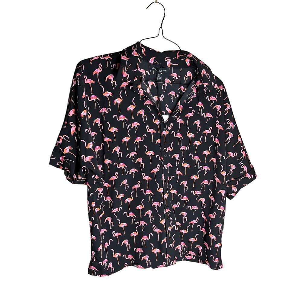 Jasmine & Juliana Shirt Button Up Casual Flamingo Print Black Pink Womens Large